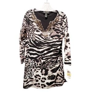 INC Animal Print Embellished Dress-Black & White Zebra Print-Size Medium